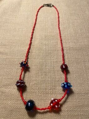 Handcrafted Red Glass Bead Necklace with Multicolor Lampwork Accents 19”